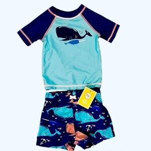 NWT Circo Infant Boy Swim Trunks And Shirt 12M UPF 50+ Whales Blue Turquoise Kid